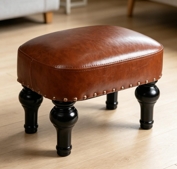 Vintage rectangular leather foot rest with solid wood frame, multi-use small ottoman for bedroom, living room, office and entryway